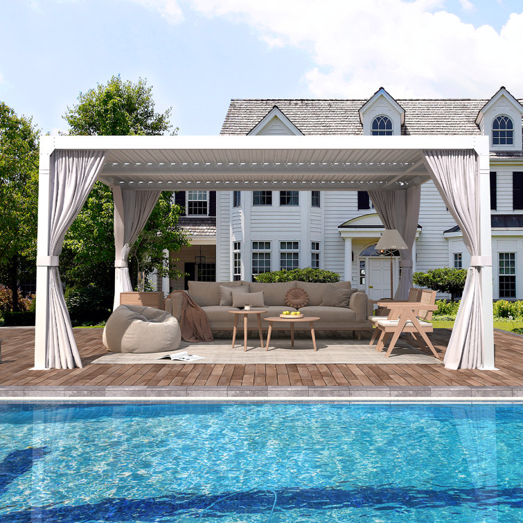 White Aluminum 10x12 Pergola with Adjustable Roof and Curtains