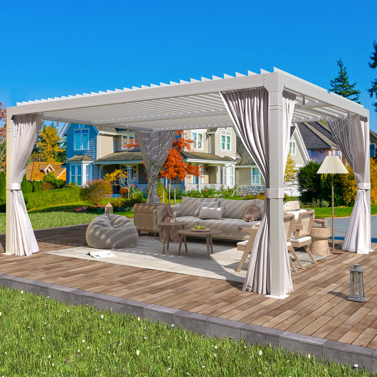 White Aluminum 10x12 Pergola with Adjustable Roof and Curtains