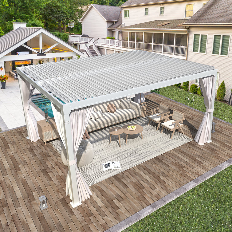 White Aluminum 10x12 Pergola with Adjustable Roof and Curtains