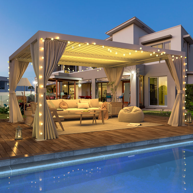 White Aluminum 10x12 Pergola with Adjustable Roof and Curtains
