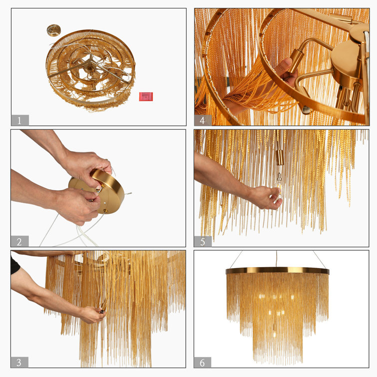 Gold 3-Tier Chain Tassel Drum Chandelier