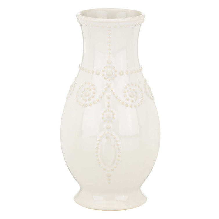 White Ceramic Fluted Table Vase with Embossed Design