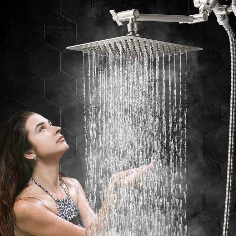 Brushed Nickel Dual Square Rain Shower Head with Handheld Wand