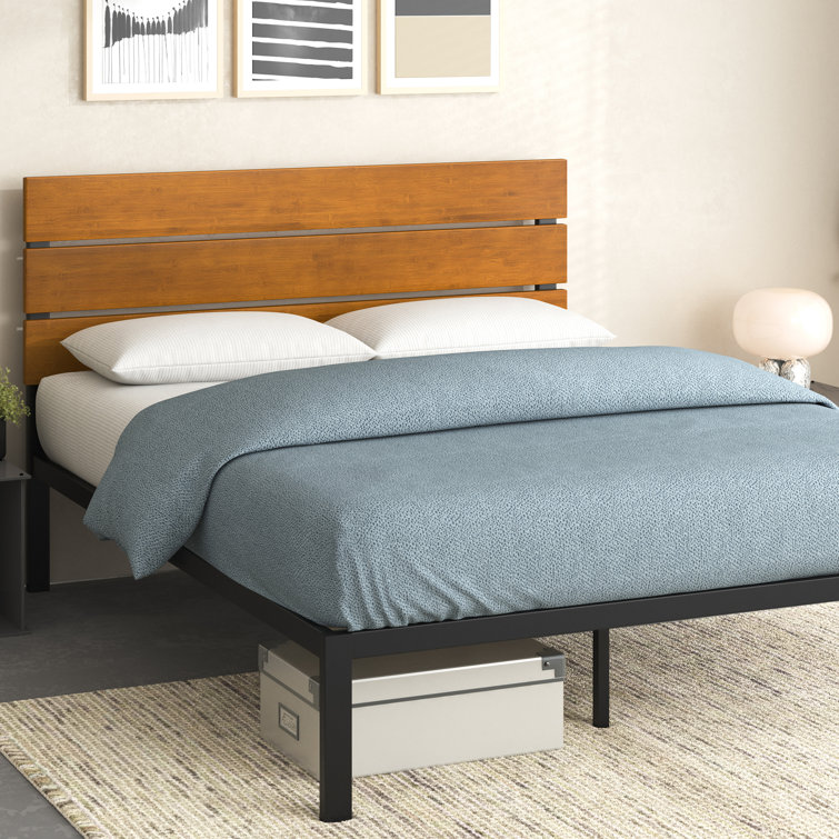 King Black Metal and Bamboo Wood Platform Bed with Slats and Drawer
