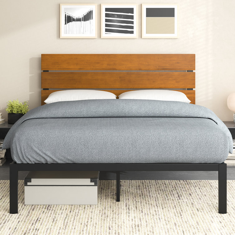 King Black Metal and Bamboo Wood Platform Bed with Slats and Drawer