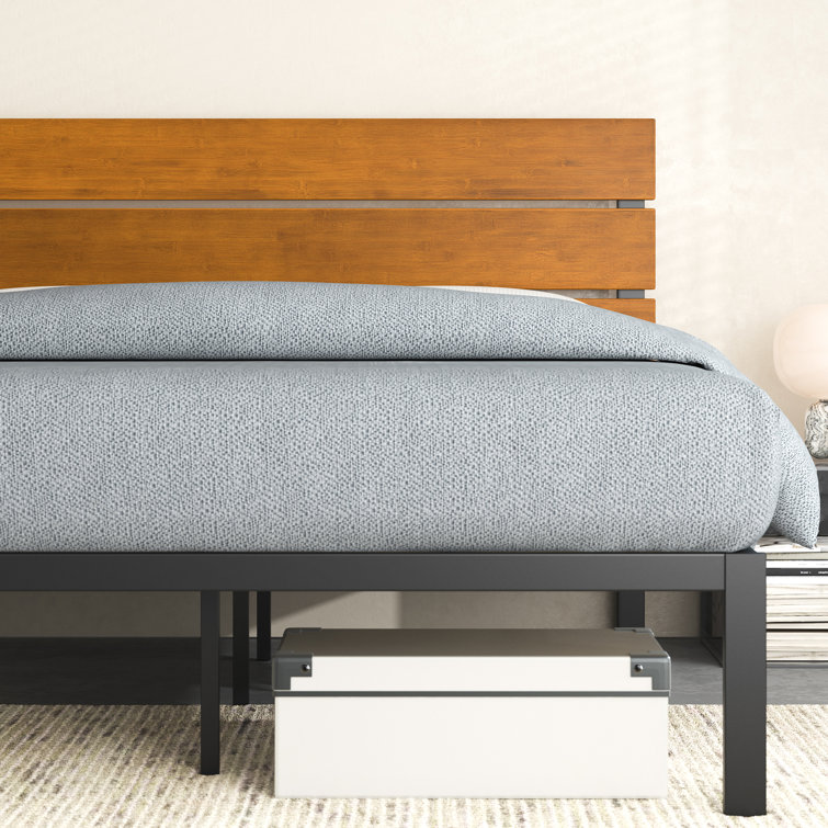 King Black Metal and Bamboo Wood Platform Bed with Slats and Drawer