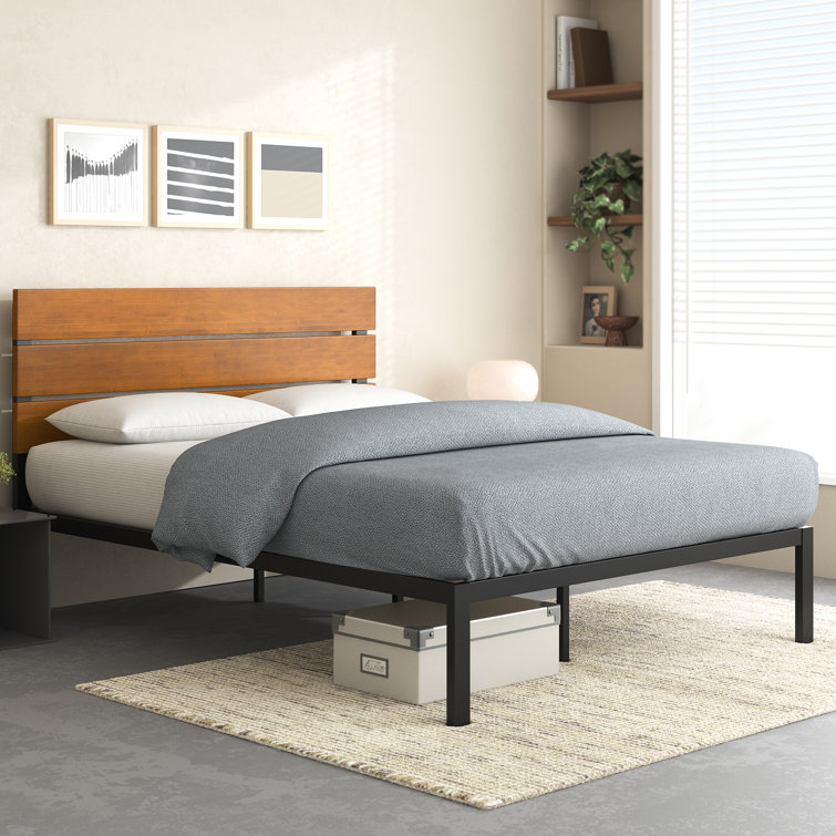 King Black Metal and Bamboo Wood Platform Bed with Slats and Drawer