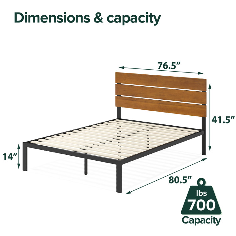 King Black Metal and Bamboo Wood Platform Bed with Slats and Drawer
