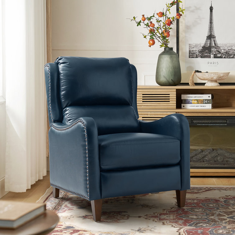Turquoise Genuine Leather Club Recliner with Wood Legs