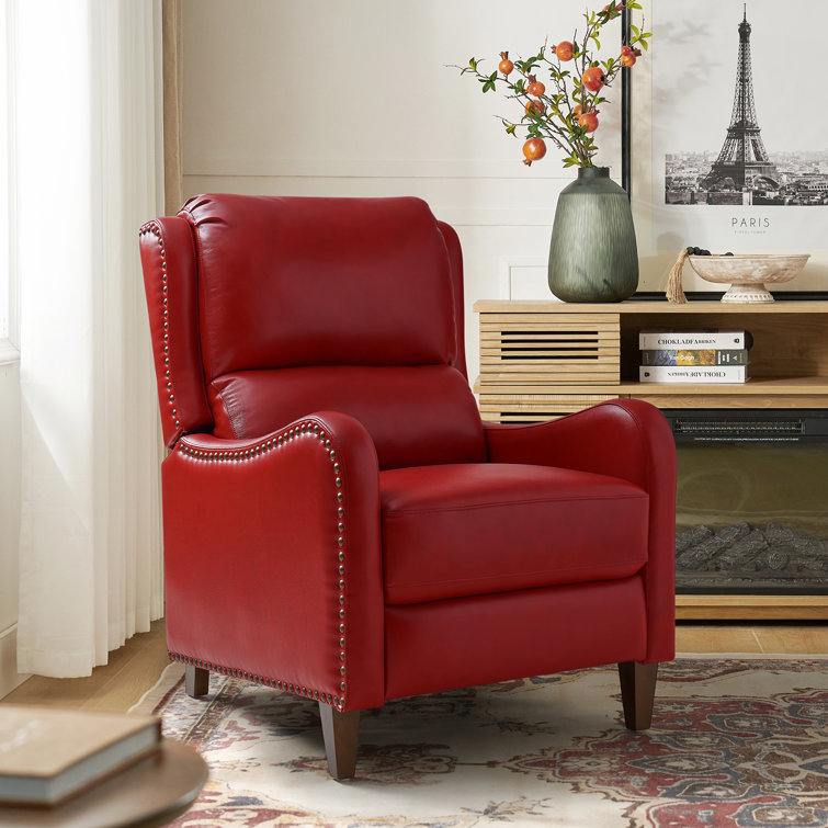 Red Genuine Leather Club Recliner with Wood Legs