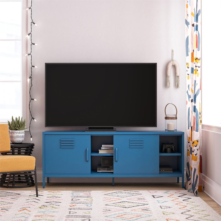 Bright Blue Metal Locker-Style TV Stand with Cabinet for TVs up to 65"