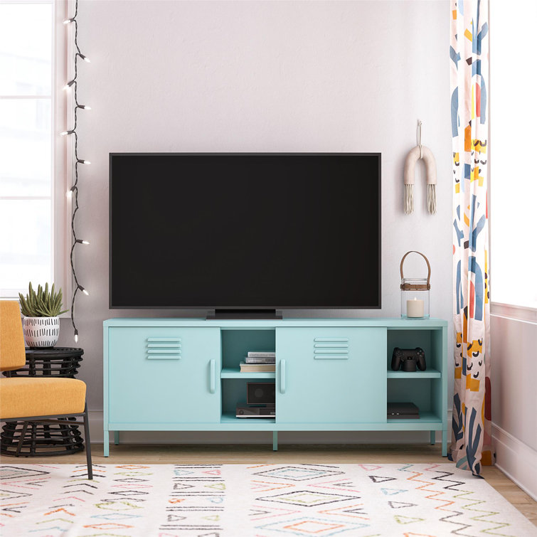 Mint Powder-Coated Metal TV Stand with Sliding Doors