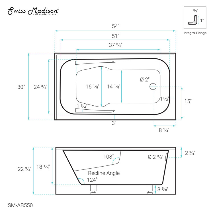 Voltaire 72" White Acrylic Alcove Bathtub with Apron and Armrest