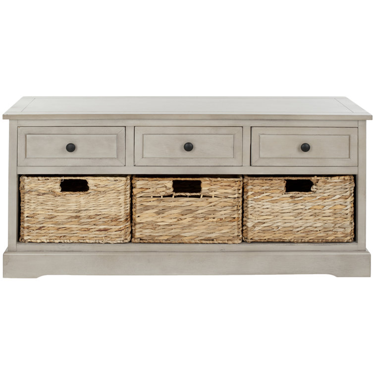 Transitional Gray 42" Solid Wood Storage Bench with Wicker Baskets