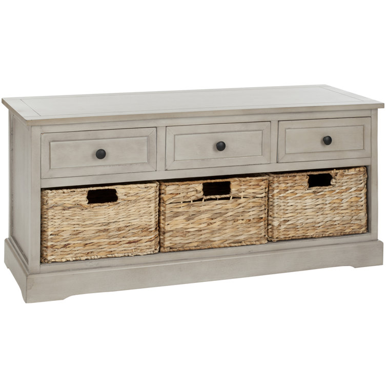 Transitional Gray 42" Solid Wood Storage Bench with Wicker Baskets