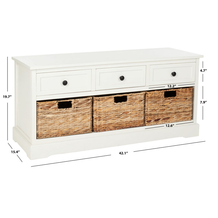 Distressed Cream Pine Storage Bench with 3 Drawers & Wicker Baskets
