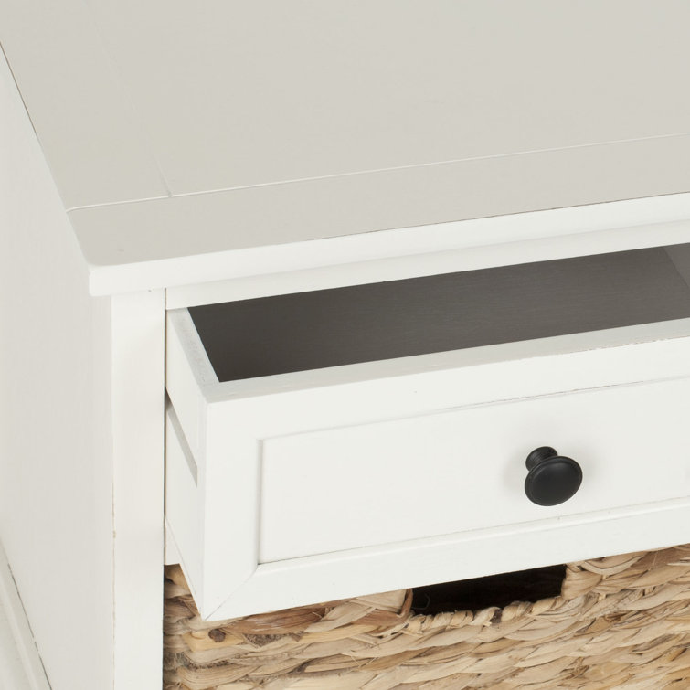 Distressed Cream Pine Storage Bench with 3 Drawers & Wicker Baskets