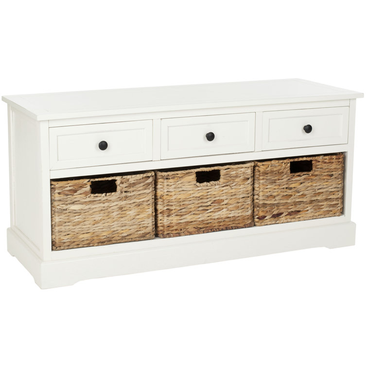 Distressed Cream Pine Storage Bench with 3 Drawers & Wicker Baskets