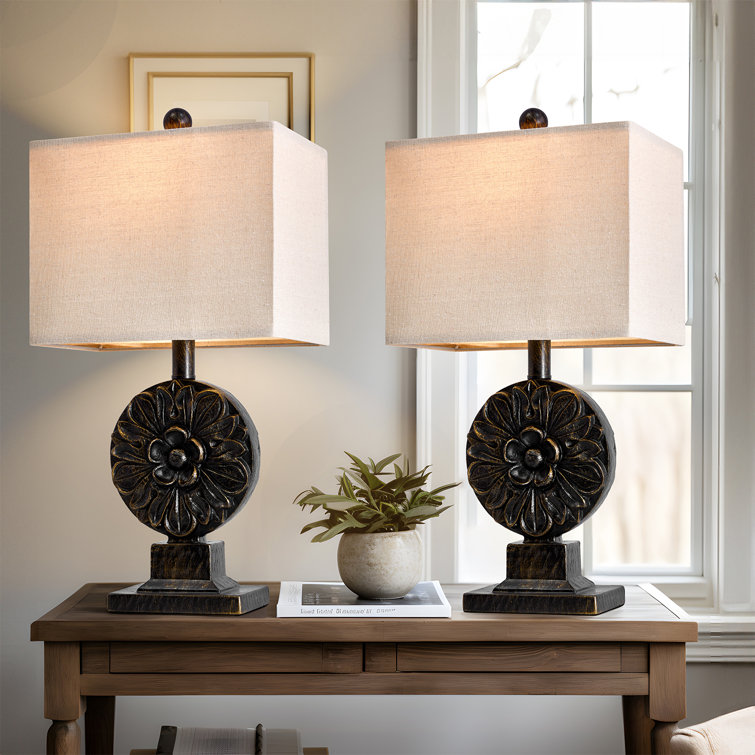 Black Resin Floral Table Lamp Set with Linen Shades