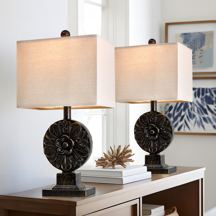 Black Resin Floral Table Lamp Set with Linen Shades