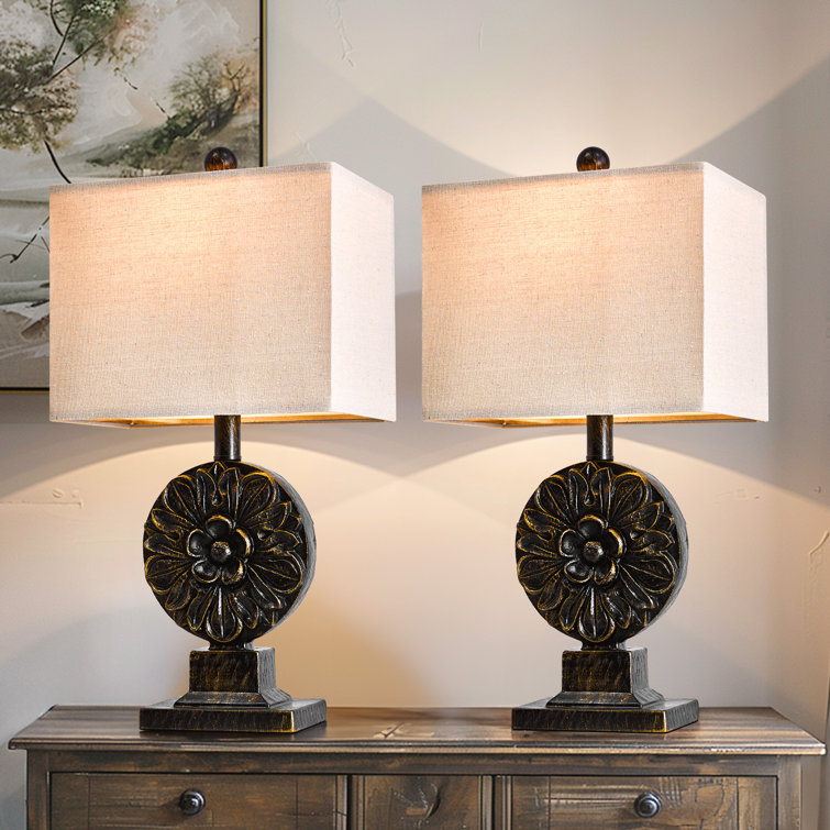 Black Resin Floral Table Lamp Set with Linen Shades