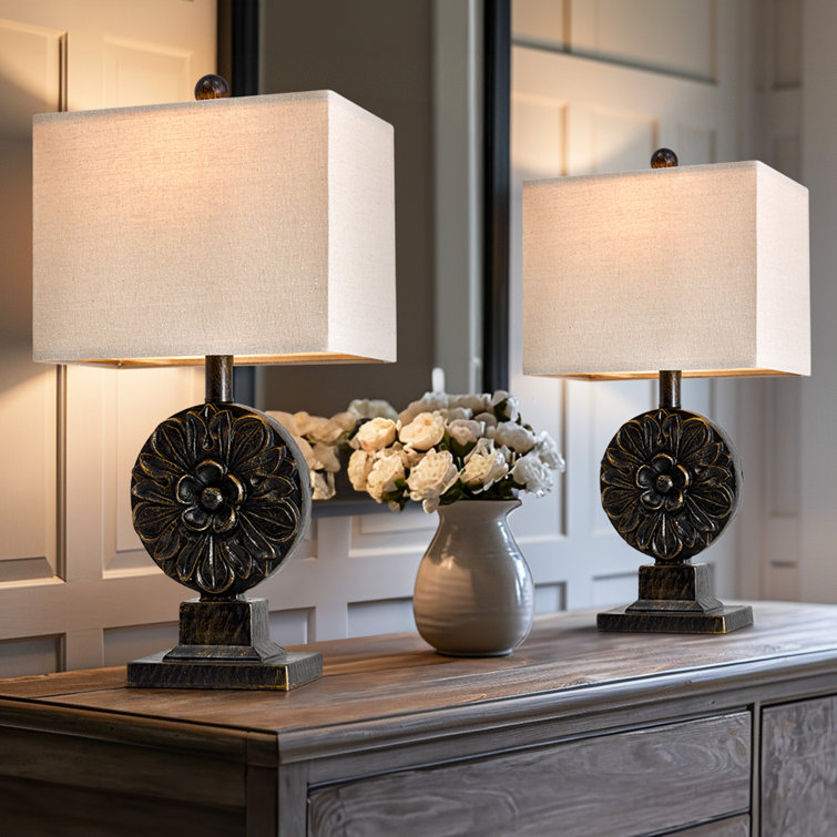 Black Resin Floral Table Lamp Set with Linen Shades