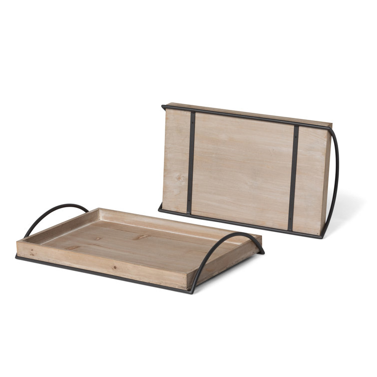 Set of 2 Light Brown Fir Wood Trays with Iron Handles
