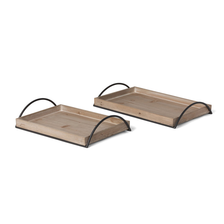 Set of 2 Light Brown Fir Wood Trays with Iron Handles