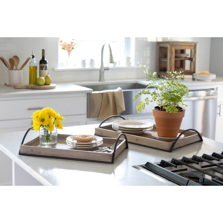 Set of 2 Light Brown Fir Wood Trays with Iron Handles