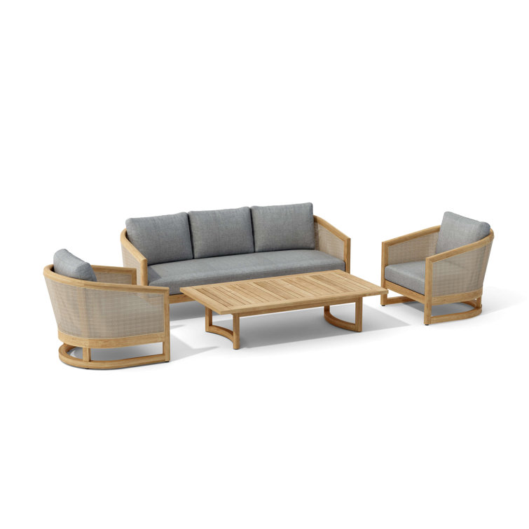 Natural Teak and Rattan 4-Piece Outdoor Seating Set
