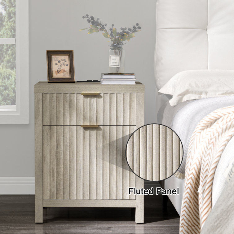 Greige Oak 2-Drawer Nightstand with Built-In Charging Station, Set of 2