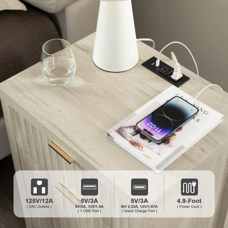 Greige Oak 2-Drawer Nightstand with Built-In Charging Station, Set of 2
