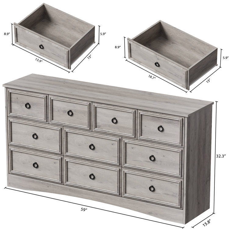 Gray Wood Grain 10-Drawer Horizontal Dresser