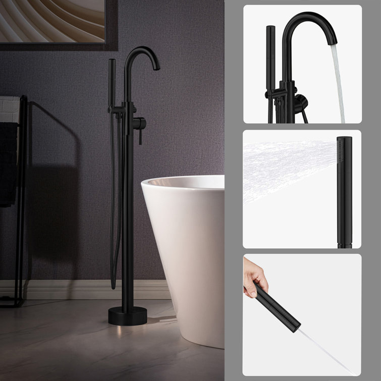 Matte Black Single Handle Floor Mount Tub Filler with Hand Shower