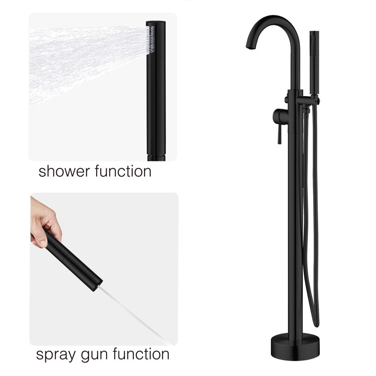 Matte Black Single Handle Floor Mount Tub Filler with Hand Shower