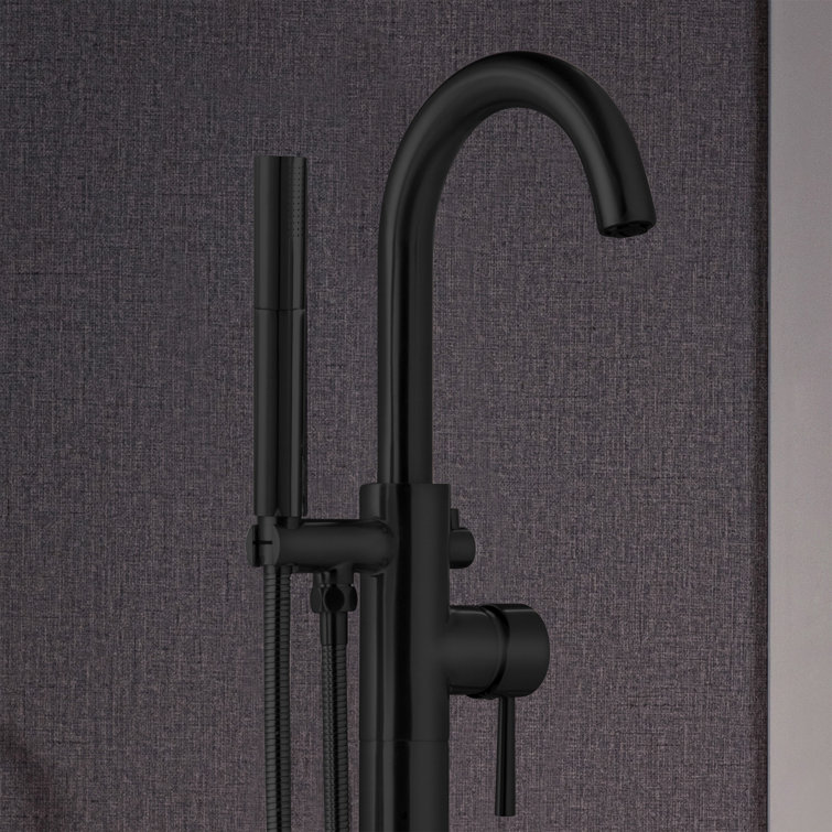 Matte Black Single Handle Floor Mount Tub Filler with Hand Shower