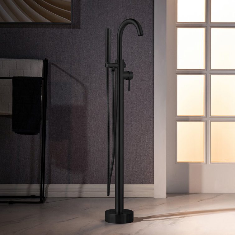 Matte Black Single Handle Floor Mount Tub Filler with Hand Shower