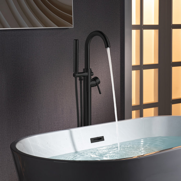 Matte Black Single Handle Floor Mount Tub Filler with Hand Shower