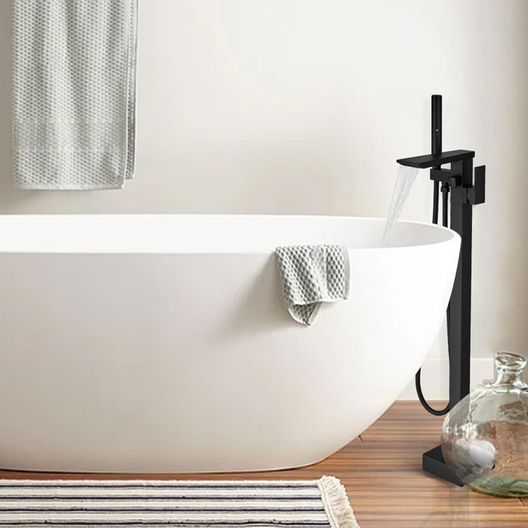 Matte Black Solid Brass Freestanding Tub Faucet with Handheld Shower