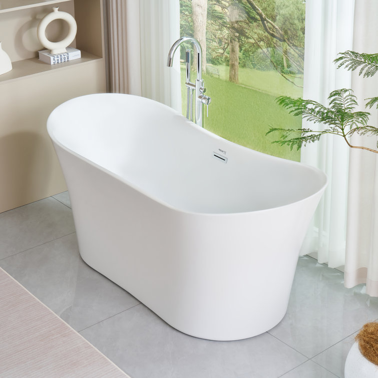 67-Inch White Acrylic Freestanding Soaking Bathtub with Polished Chrome Overflow