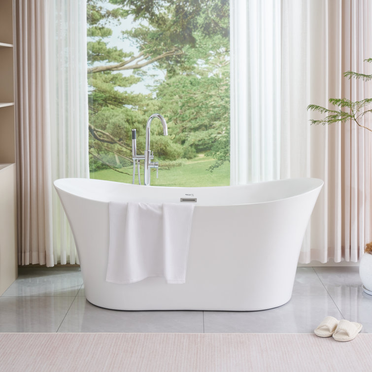 67-Inch White Acrylic Freestanding Soaking Bathtub with Polished Chrome Overflow