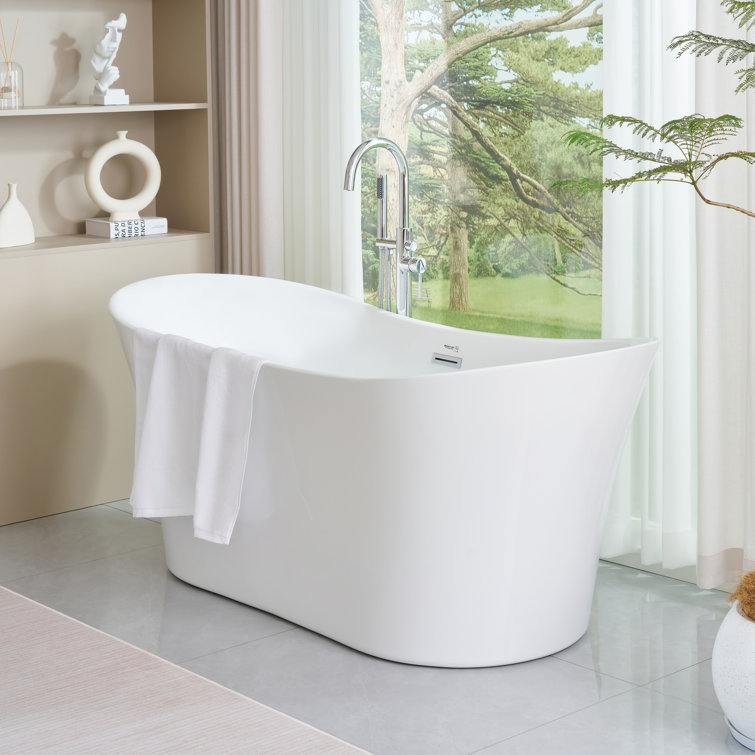 67-Inch White Acrylic Freestanding Soaking Bathtub with Polished Chrome Overflow