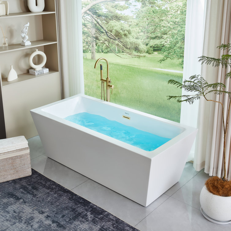67" White and Gold Freestanding Acrylic Soaking Bathtub
