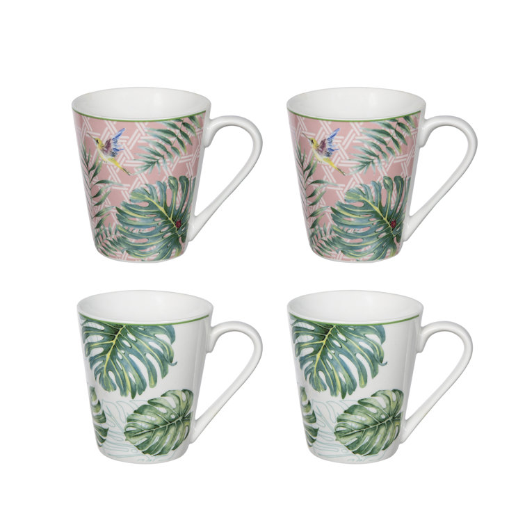 Botanical Ceramic White and Pink 10 oz. Mugs Set of 4