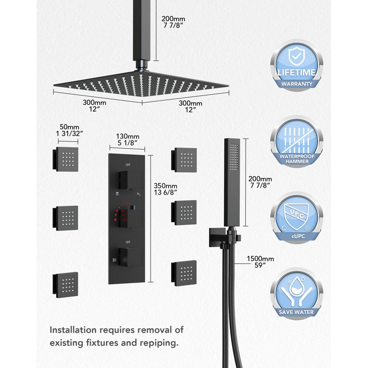 Matte Black 12" Ceiling Mounted Rainfall Shower System with Jets