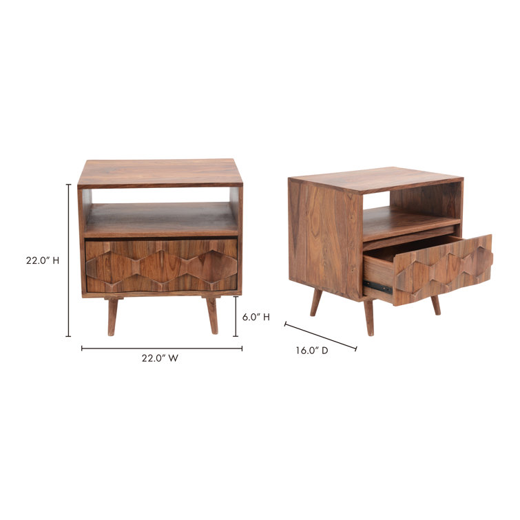 Mid-Century Sheesham Wood 22" Brown Nightstand with Drawer