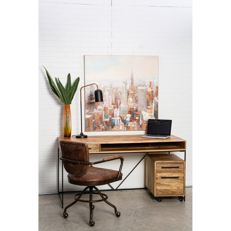 Black Top Grain Leather Swivel Desk Chair with Metal Base