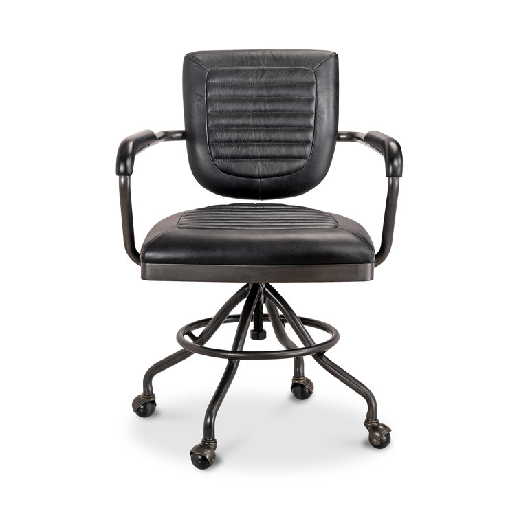 Black Top Grain Leather Swivel Desk Chair with Metal Base