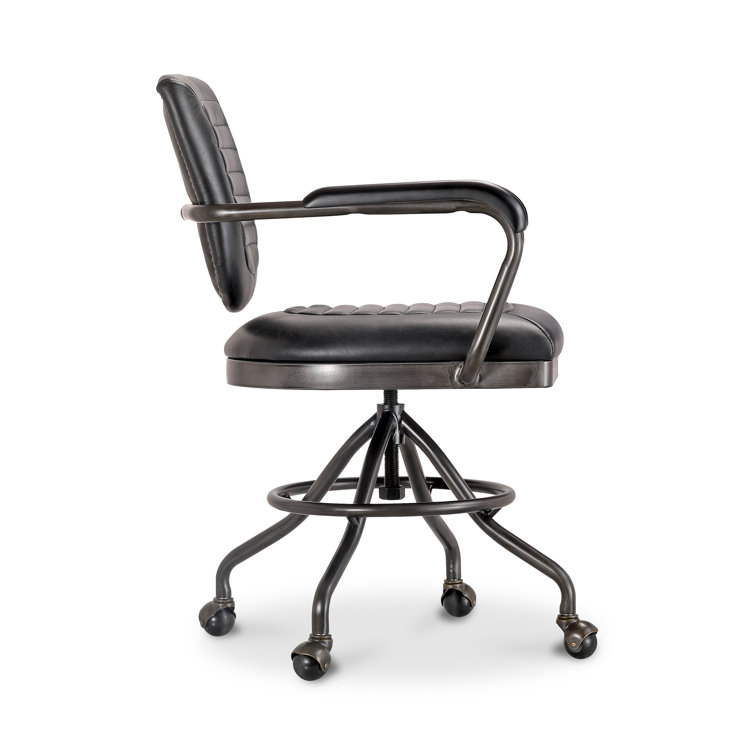 Black Top Grain Leather Swivel Desk Chair with Metal Base