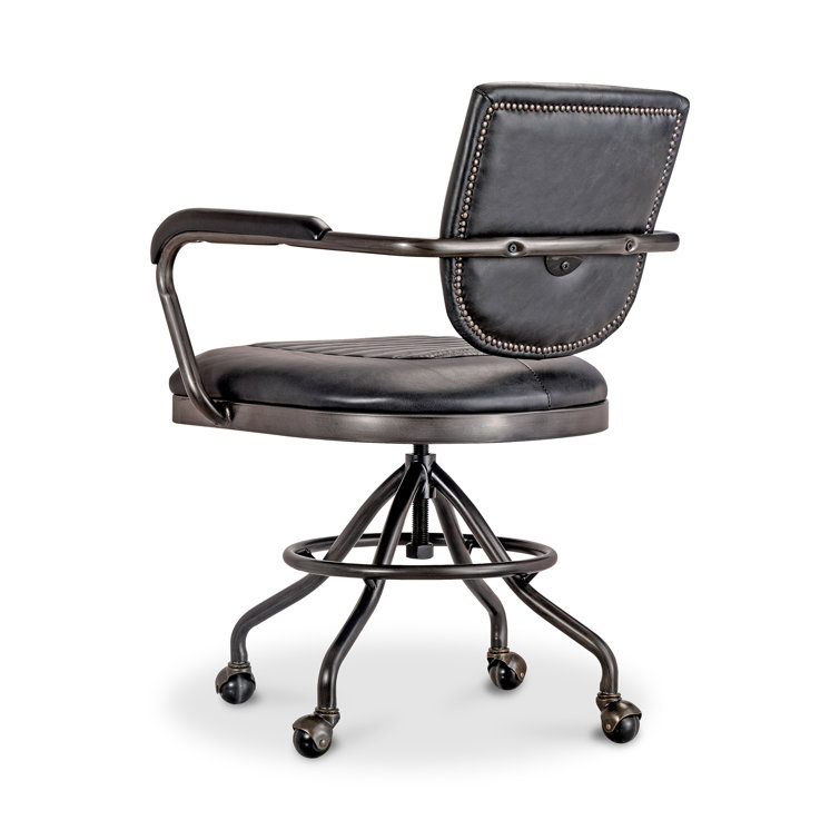 Black Top Grain Leather Swivel Desk Chair with Metal Base